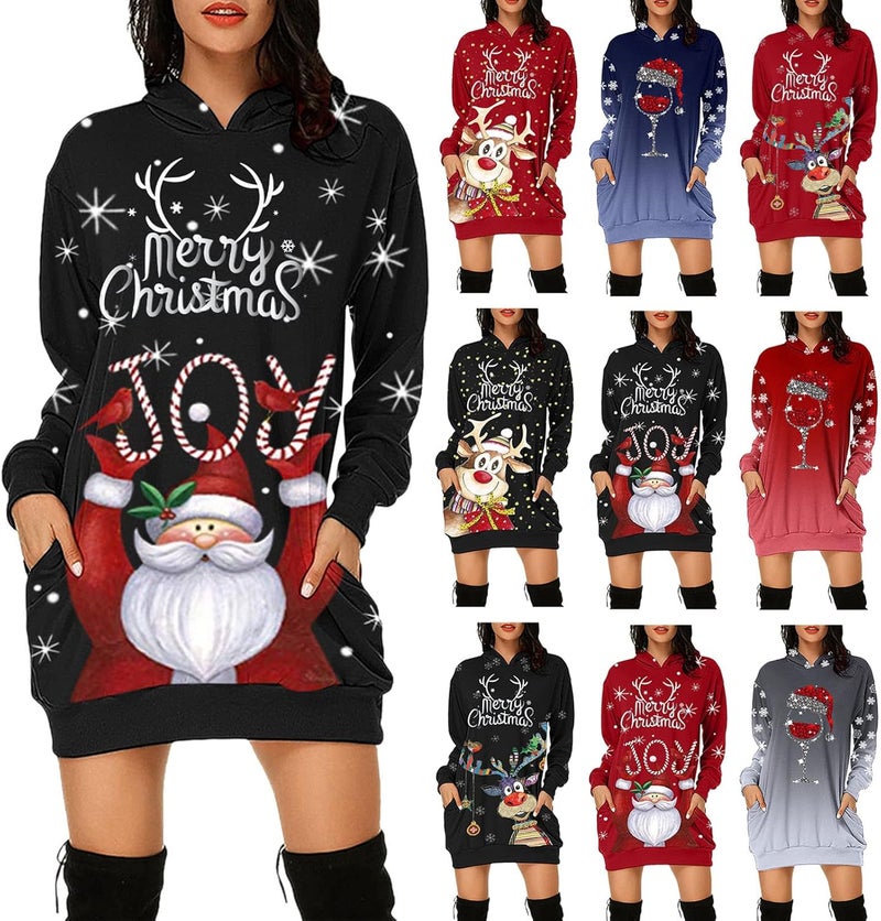 woobles Hoodie Dress, Womens Hoodie Dress Christmas Pattern Print Polyester Casual for Shopping - Image 1